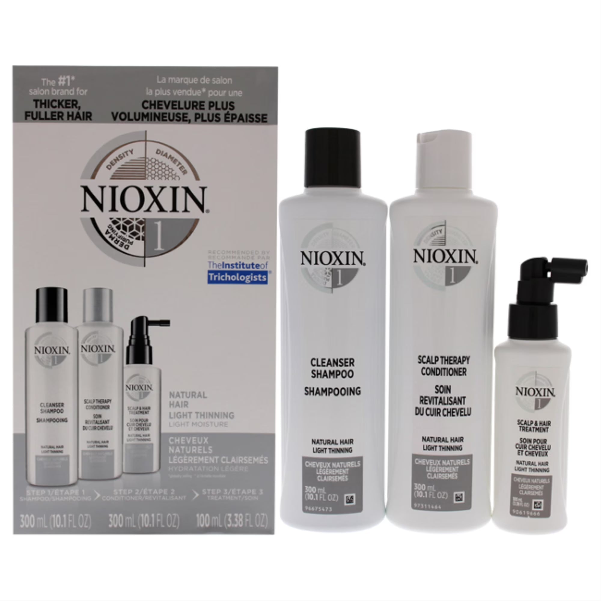 Nioxin System 1 Natural Hair Light Thinning Kit by Nioxin for Unisex - 3 Pc 10.1oz Cleanser Shampoo, 10.1 oz Scalp Therapy Conditioner, 3.38oz Scalp and Hair Treatment