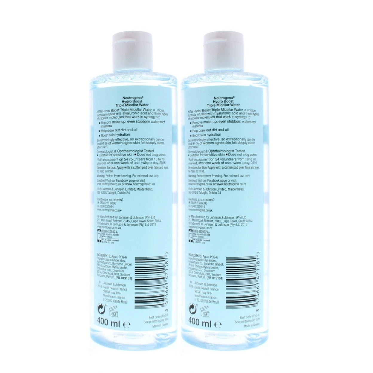 Neutrogena Hydro Boost Micellar Water 400ml 2 Pack Hyaluronic Acid Makeup Remover