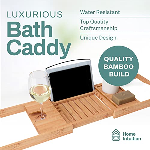 Luxury Expandable Bamboo Bathtub Tray Caddy Table with Wine Glass Holder, iPhone, iPad, Book Tablet Holder (27.75-41.5 Inches)