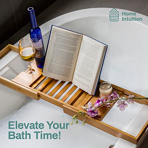 Luxury Expandable Bamboo Bathtub Tray Caddy Table with Wine Glass Holder, iPhone, iPad, Book Tablet Holder (27.75-41.5 Inches)