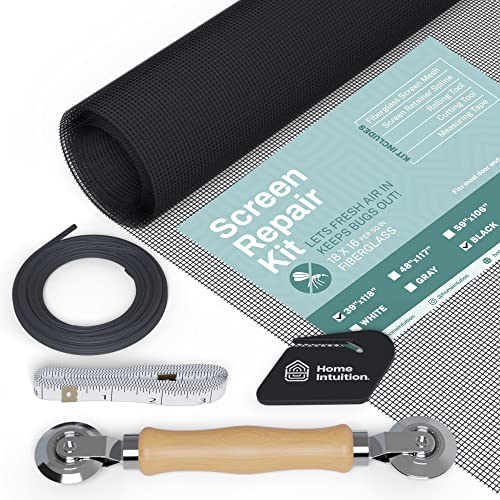 Home Intuition Window Screen and Screen Door Replacement Kit Roll for Windows and Doors - Includes Fiberglass Screen Roll, Measuring Tape, Rolling Screen Tool, Spline and Cutter