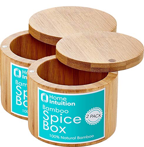 Bamboo Salt and Spice Storage Box, Magnetic Swivel Lid, 2 Pack