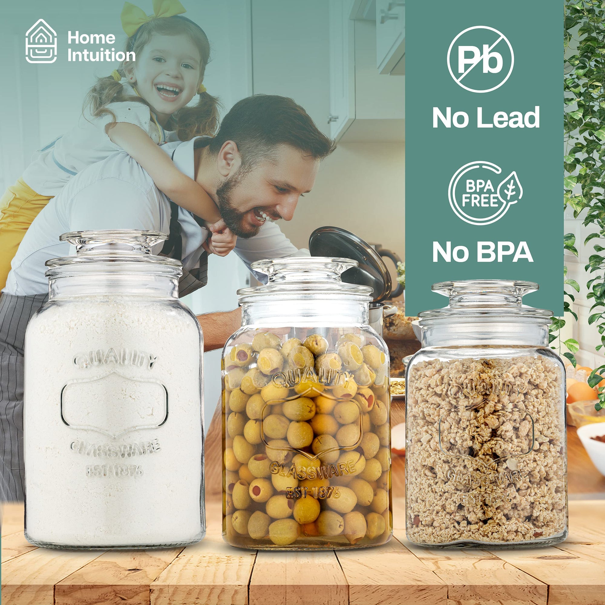 Home Intuition Heavy Glass Canister Set with Airtight Lid 3-Piece Set, Kitchen & Bathroom Apothecary Glass Jars For Candies, Cereal, Nuts & Bathroom Supplies, Storage Airtight Containers