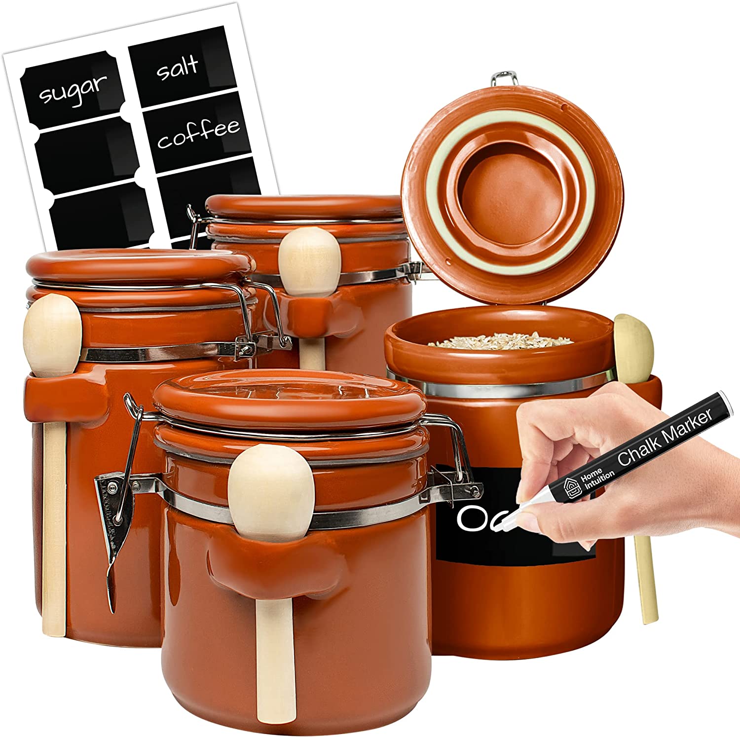 4-Piece Airtight Ceramic Kitchen Canisters Set with Wooden Spoons, Chalk Marker and Labels