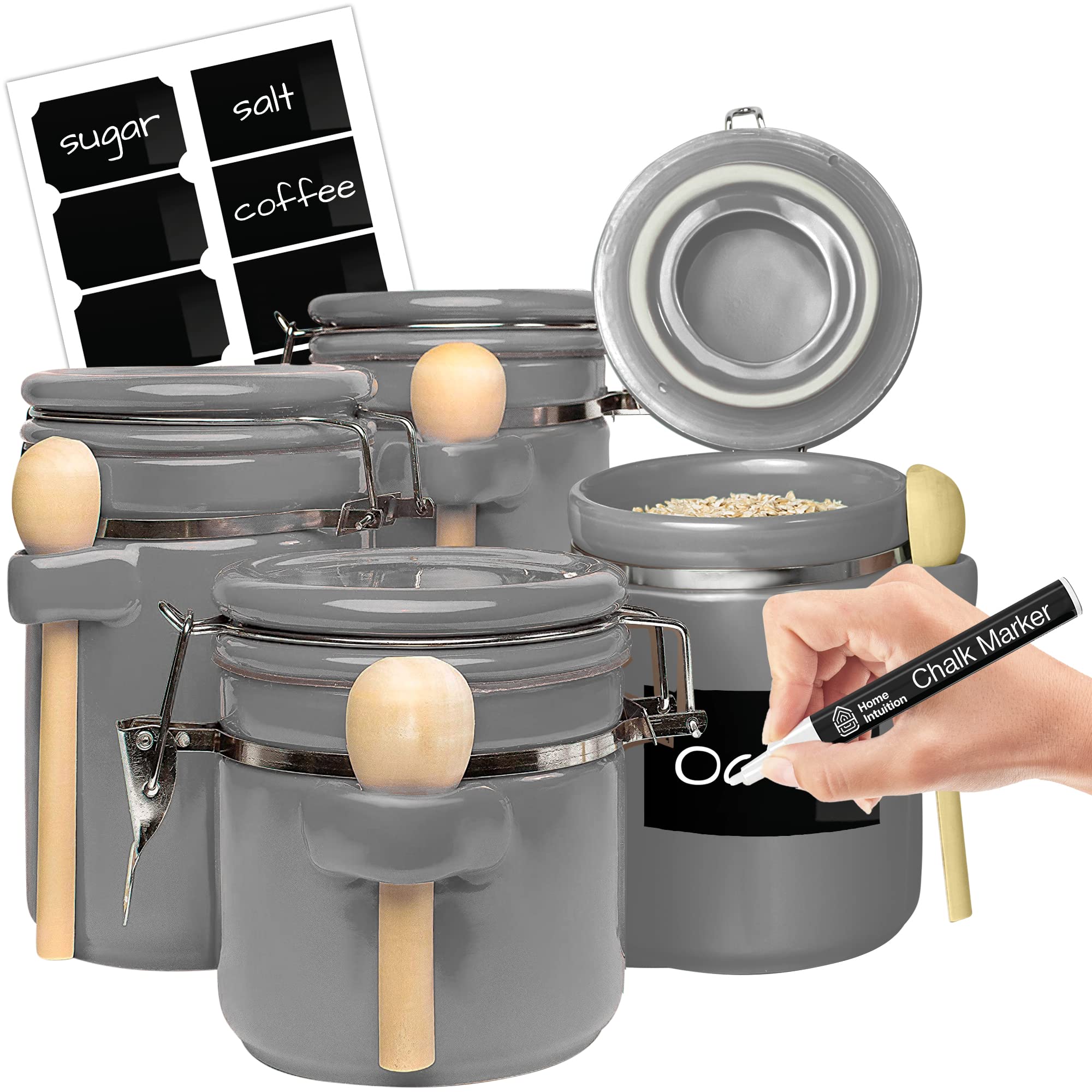 4-Piece Airtight Ceramic Kitchen Canisters Set with Wooden Spoons, Chalk Marker and Labels