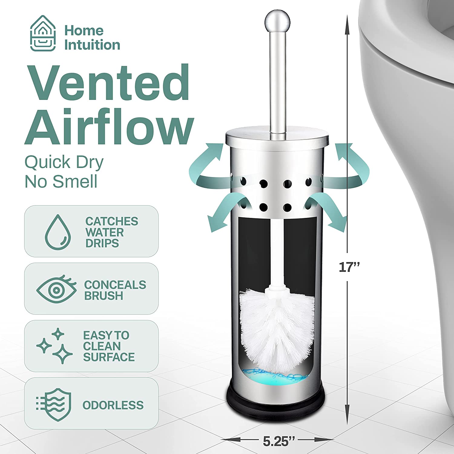 Home Intuition Modern Brushed Stainless Steel Toilet Brush & Holder Set, Bathroom Bowl Scrubber with Holder, 2 Pack