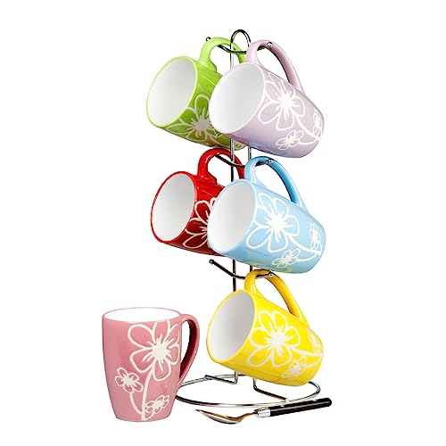 Home Basics 6-Piece Daisy Floral Ceramic Mug Set, 11 oz, Multicolor, Stand