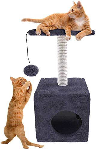 Home Intuition Cat Tree Scratching Post with Hanging Ball and Cave Play House, 22 Inches High, Grey