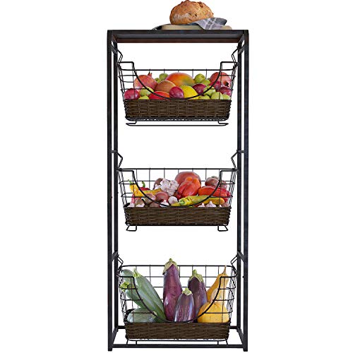 Home Intuition 3-Tier Removable Wire Baskets Stand and Shelf Fruit Vegetable Produce Metal Hanging Storage Bin for Kitchen, Antique Black