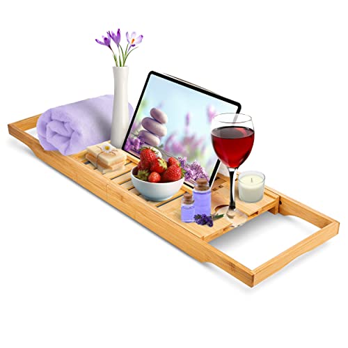 Home Intuition Expandable Bamboo Bath-Tub Table Tray Caddy 27.75-41.5 Inches