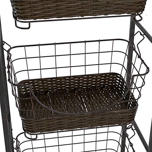 Home Intuition 3-Tier Removable Wire Baskets Stand and Shelf Fruit Vegetable Produce Metal Hanging Storage Bin for Kitchen, Antique Black