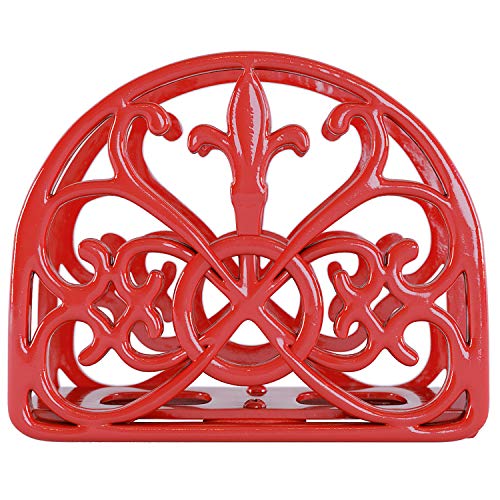 Home Intuition Fleur De Lis Collection Free Standing Cast Iron Napkin Holder Tissue Dispenser for Buffet Dining Table Kitchen Countertop, Weighted Design, Red