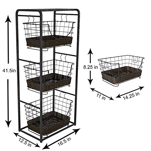 Home Intuition 3-Tier Removable Wire Baskets Stand and Shelf Fruit Vegetable Produce Metal Hanging Storage Bin for Kitchen, Antique Black