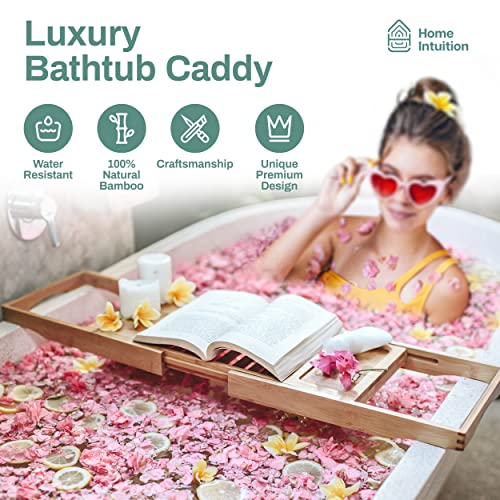 Home Intuition Expandable Bamboo Bath-Tub Table Tray Caddy 27.75-41.5 Inches