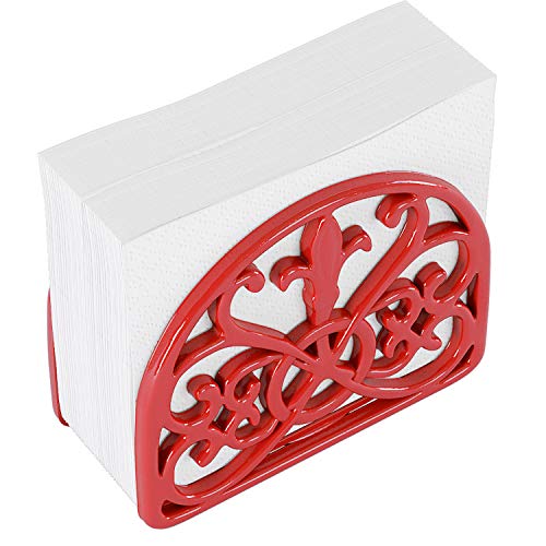 Home Intuition Fleur De Lis Collection Free Standing Cast Iron Napkin Holder Tissue Dispenser for Buffet Dining Table Kitchen Countertop, Weighted Design, Red