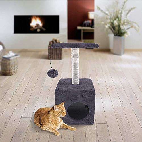 Home Intuition Cat Tree Scratching Post with Hanging Ball and Cave Play House, 22 Inches High, Grey