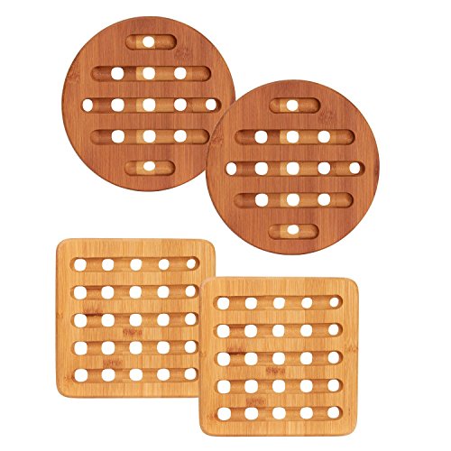 Home Intuition 4 Piece Bamboo Trivet Set Hot Pot Holder Pads for Pots and Pans, 4-Pack