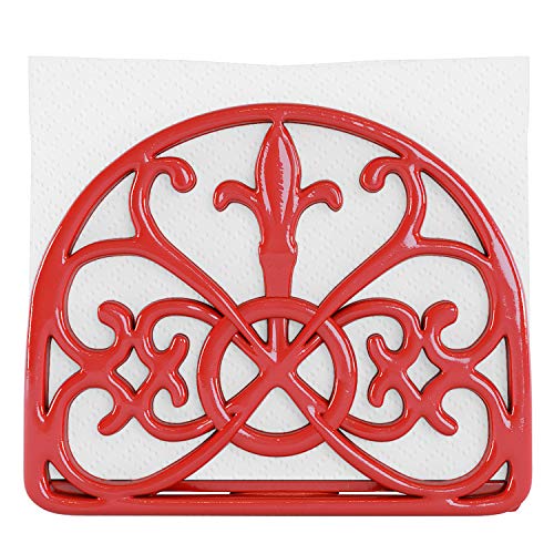 Home Intuition Fleur De Lis Collection Free Standing Cast Iron Napkin Holder Tissue Dispenser for Buffet Dining Table Kitchen Countertop, Weighted Design, Red