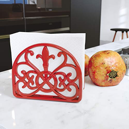 Home Intuition Fleur De Lis Collection Free Standing Cast Iron Napkin Holder Tissue Dispenser for Buffet Dining Table Kitchen Countertop, Weighted Design, Red