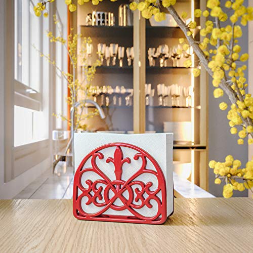 Home Intuition Fleur De Lis Collection Free Standing Cast Iron Napkin Holder Tissue Dispenser for Buffet Dining Table Kitchen Countertop, Weighted Design, Red