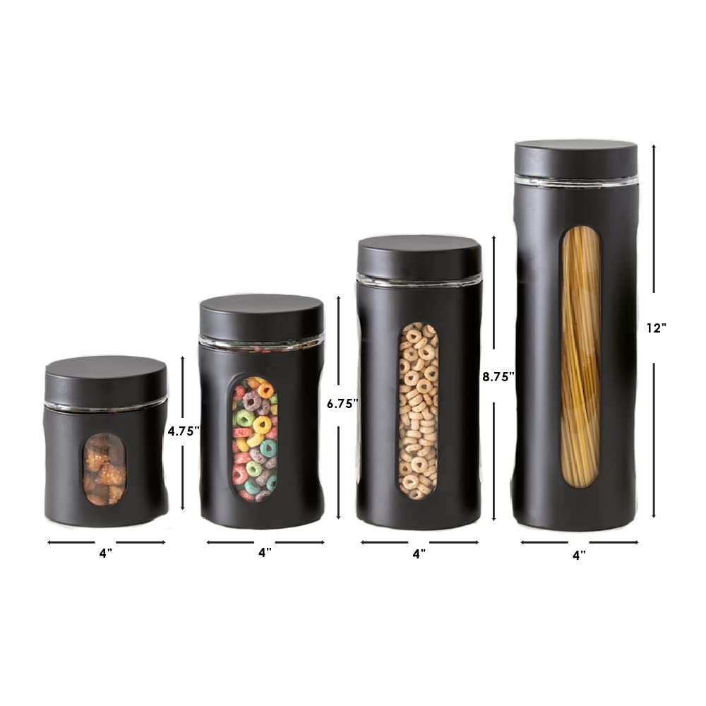 Home Basics Kitchen Canisters For Countertop Retro-Styled Canisters For Kitchen Counter | Stainless Steel and Glass Kitchen Canister Set, With See-Through Windows (Black)