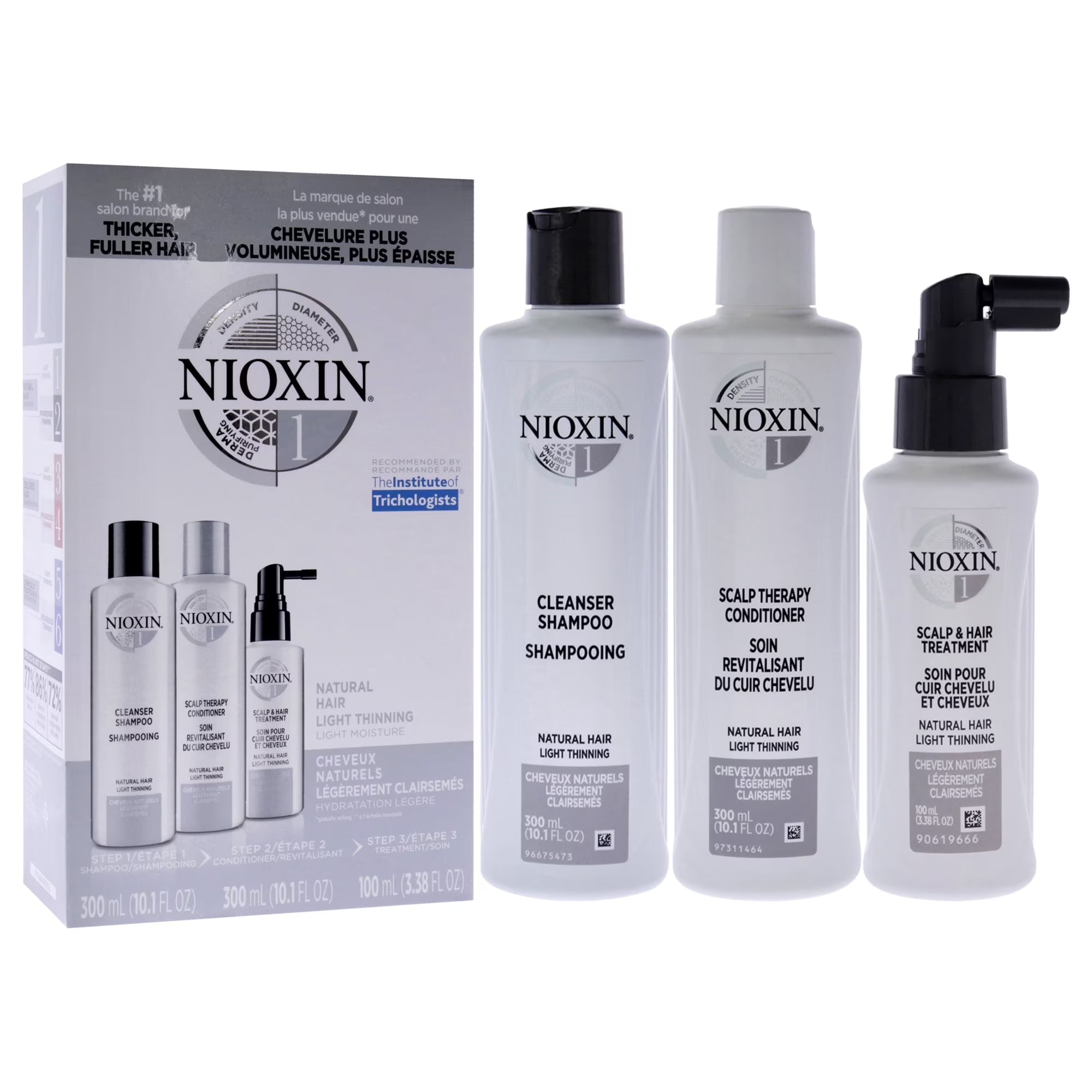 Nioxin System 1 Natural Hair Light Thinning Kit by Nioxin for Unisex - 3 Pc 10.1oz Cleanser Shampoo, 10.1 oz Scalp Therapy Conditioner, 3.38oz Scalp and Hair Treatment