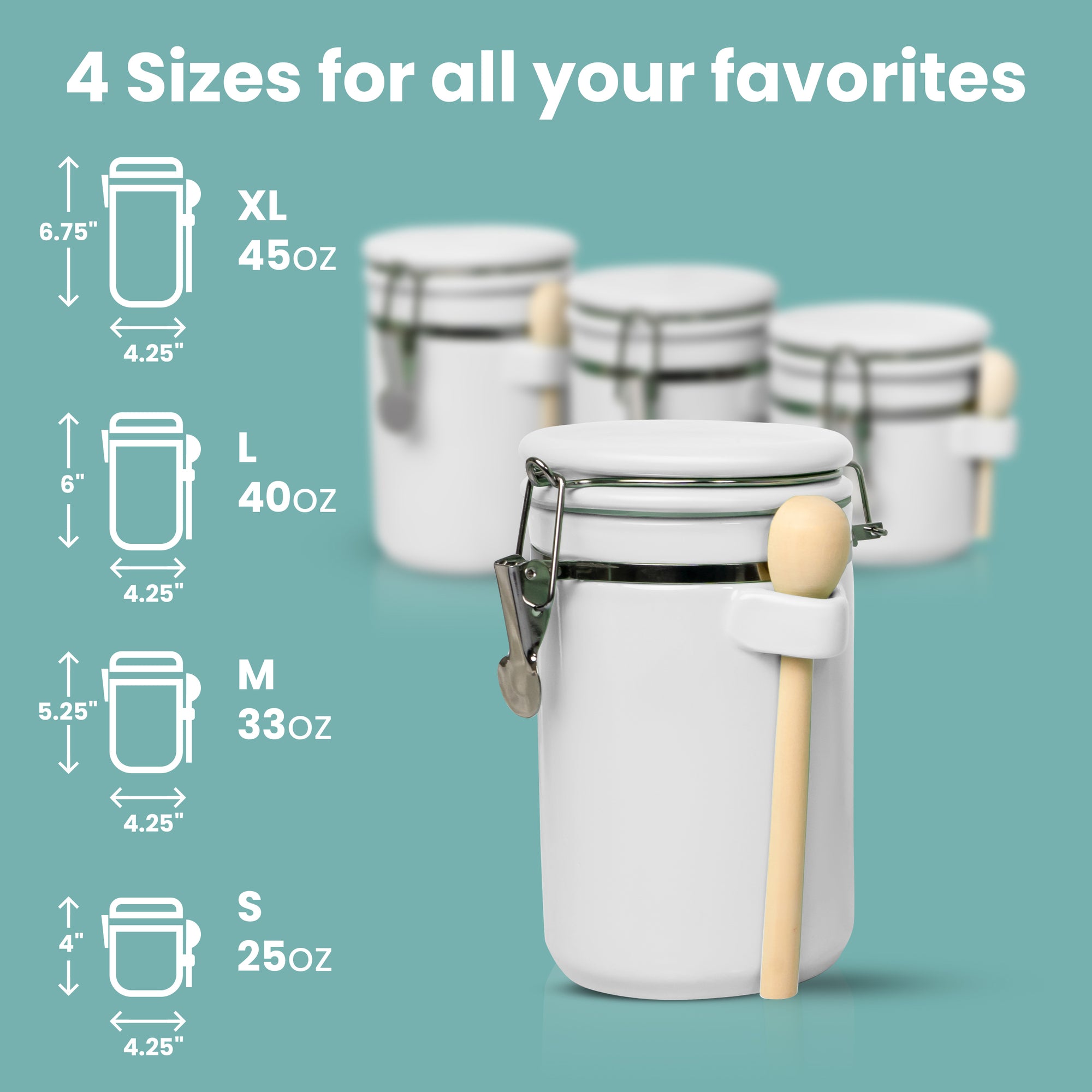 4-Piece Airtight Ceramic Kitchen Canisters Set with Wooden Spoons, Chalk Marker and Labels