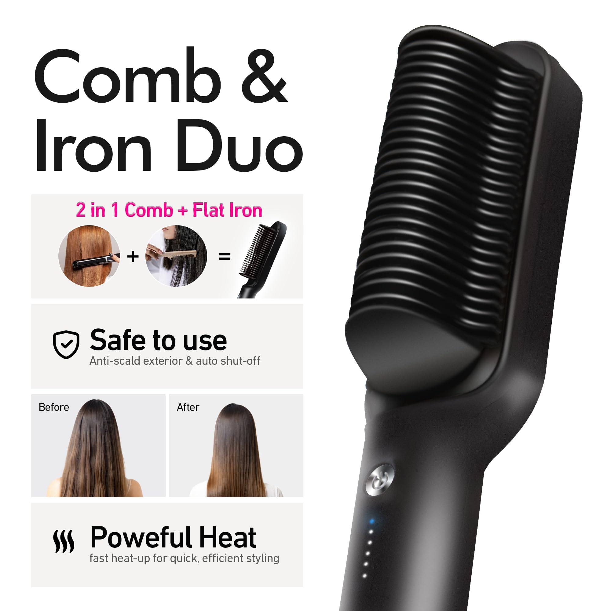 Bglam Hair Straightener Brush, Anti-Scald, Fast Heating, Ionic, Adjustable Temps, Black