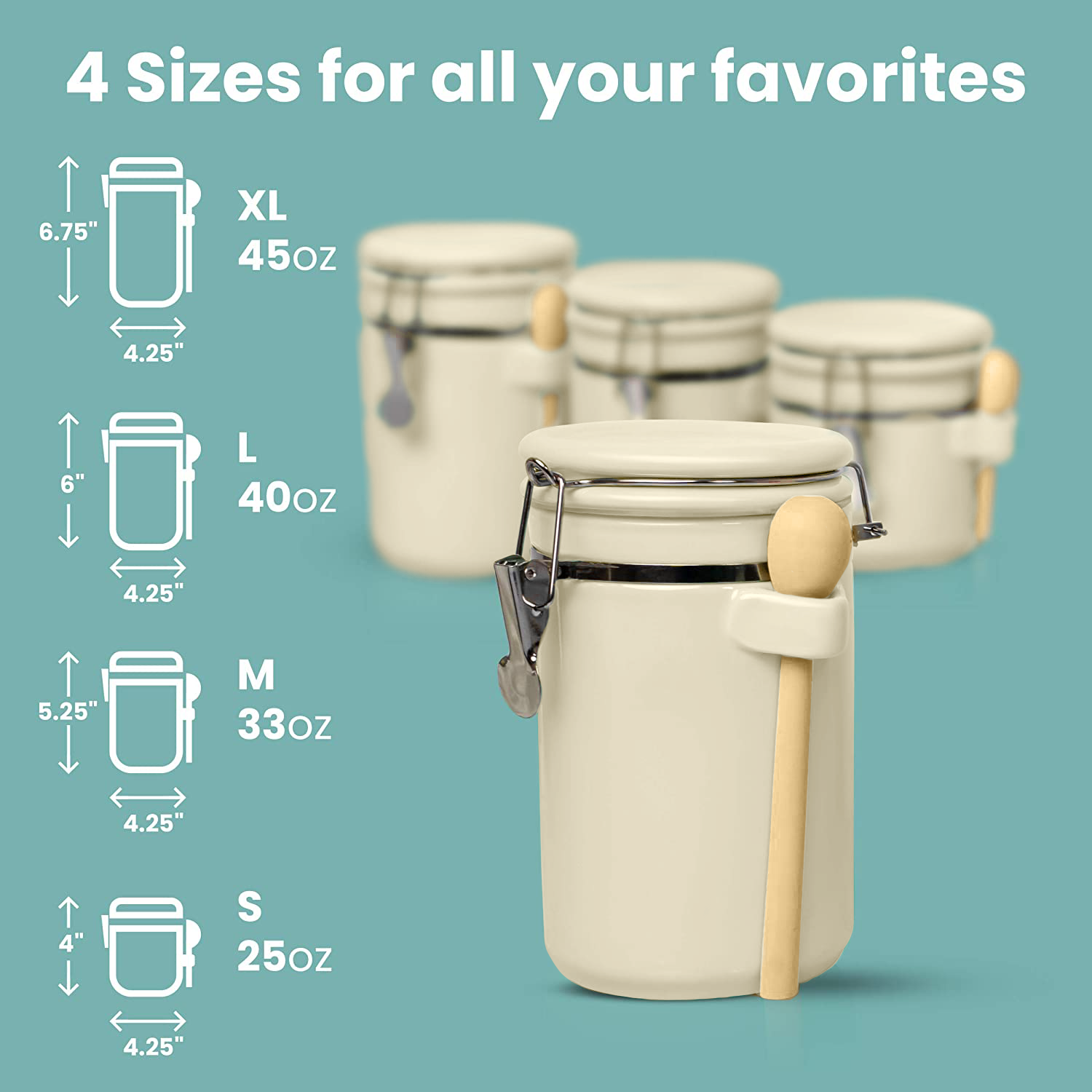 4-Piece Airtight Ceramic Kitchen Canisters Set with Wooden Spoons, Chalk Marker and Labels