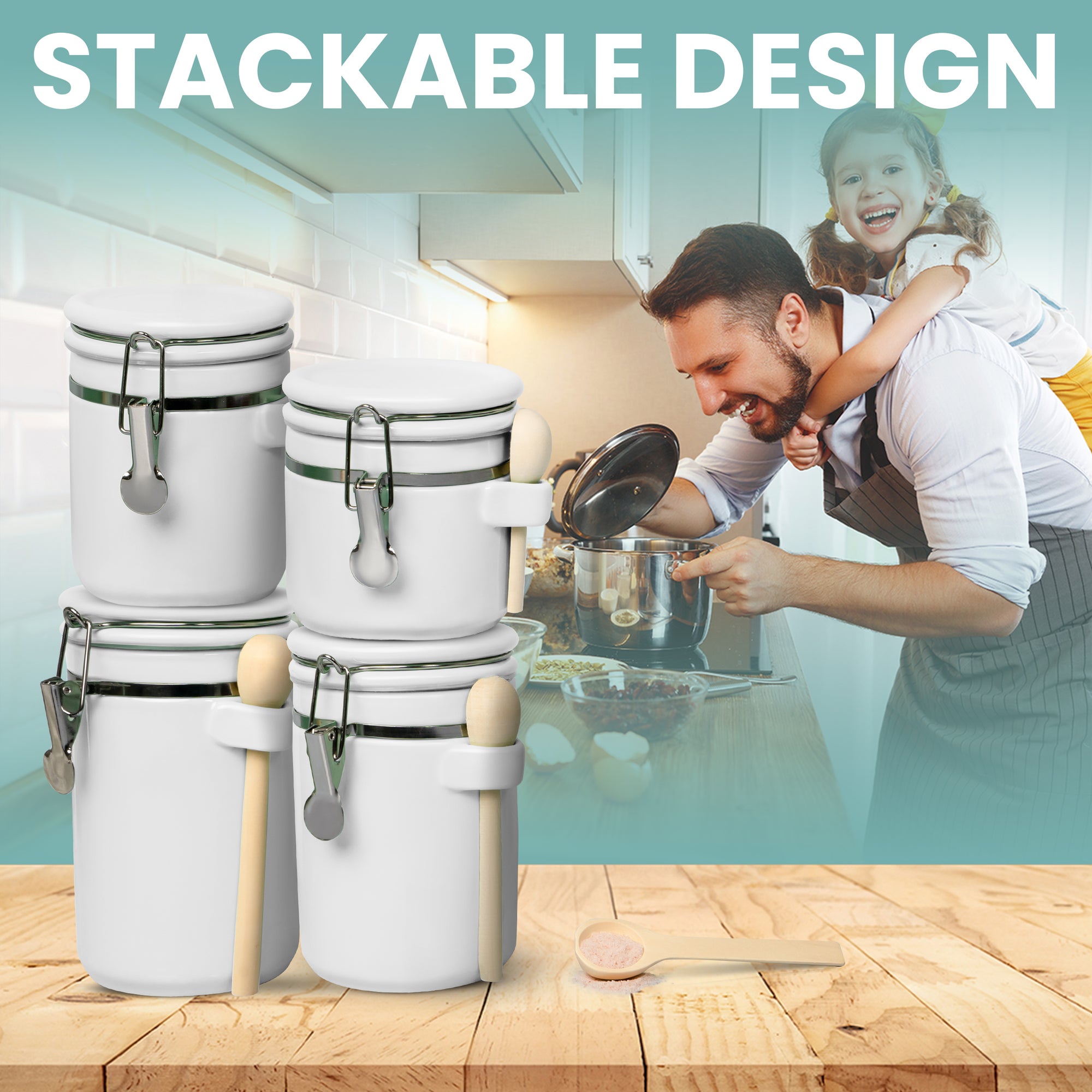 4-Piece Airtight Ceramic Kitchen Canisters Set with Wooden Spoons, Chalk Marker and Labels