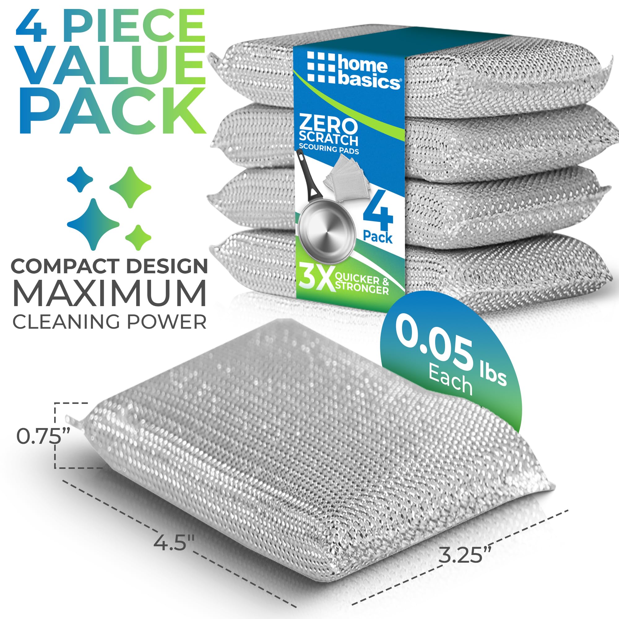 Home Basics Scouring Pads, (Pack of 4), Silver | Dual Sided | Strong Plastic | Foam Pads