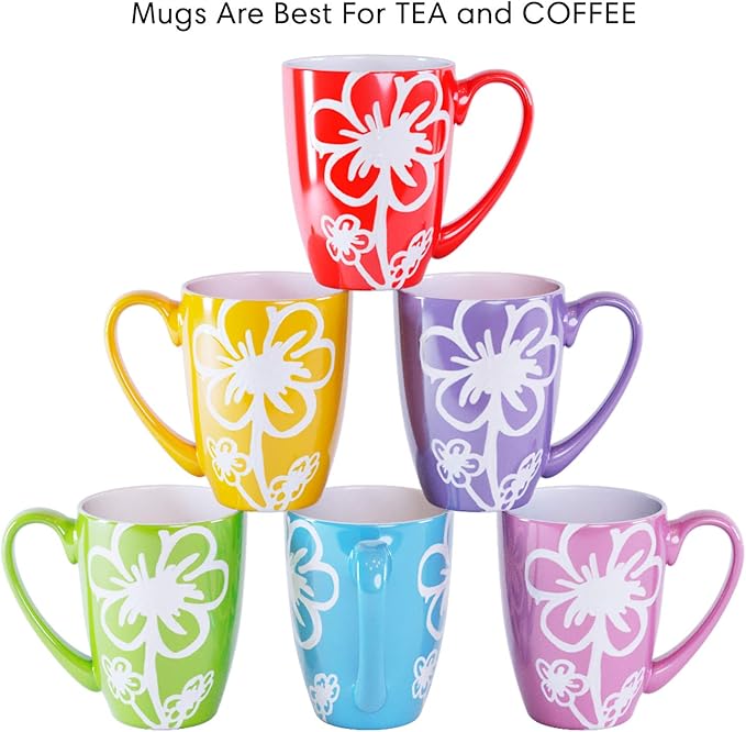 Home Intuition 6-Piece Ceramic Mug Set, Coffee, Tea, Hot Chocolate, Display Stand