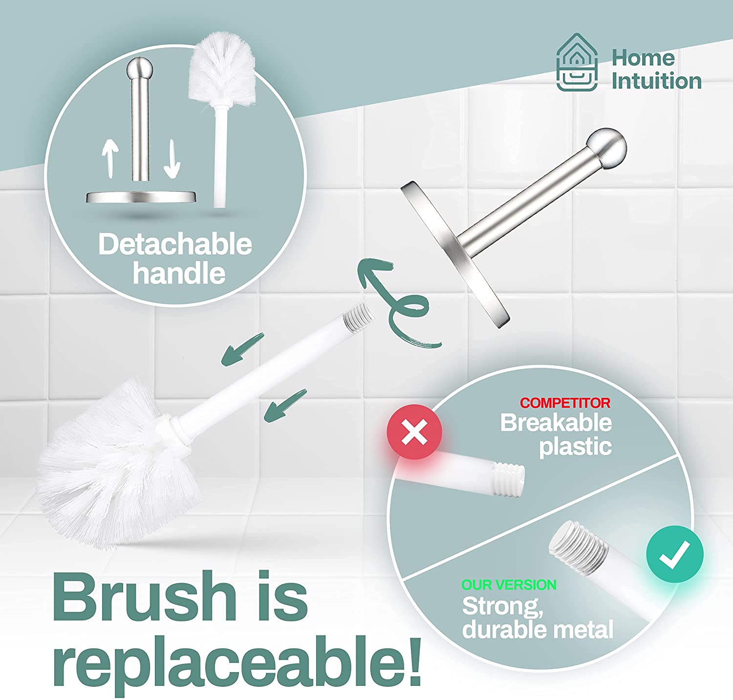 Home Intuition Modern Brushed Stainless Steel Toilet Brush & Holder Set, Bathroom Bowl Scrubber with Holder, 2 Pack