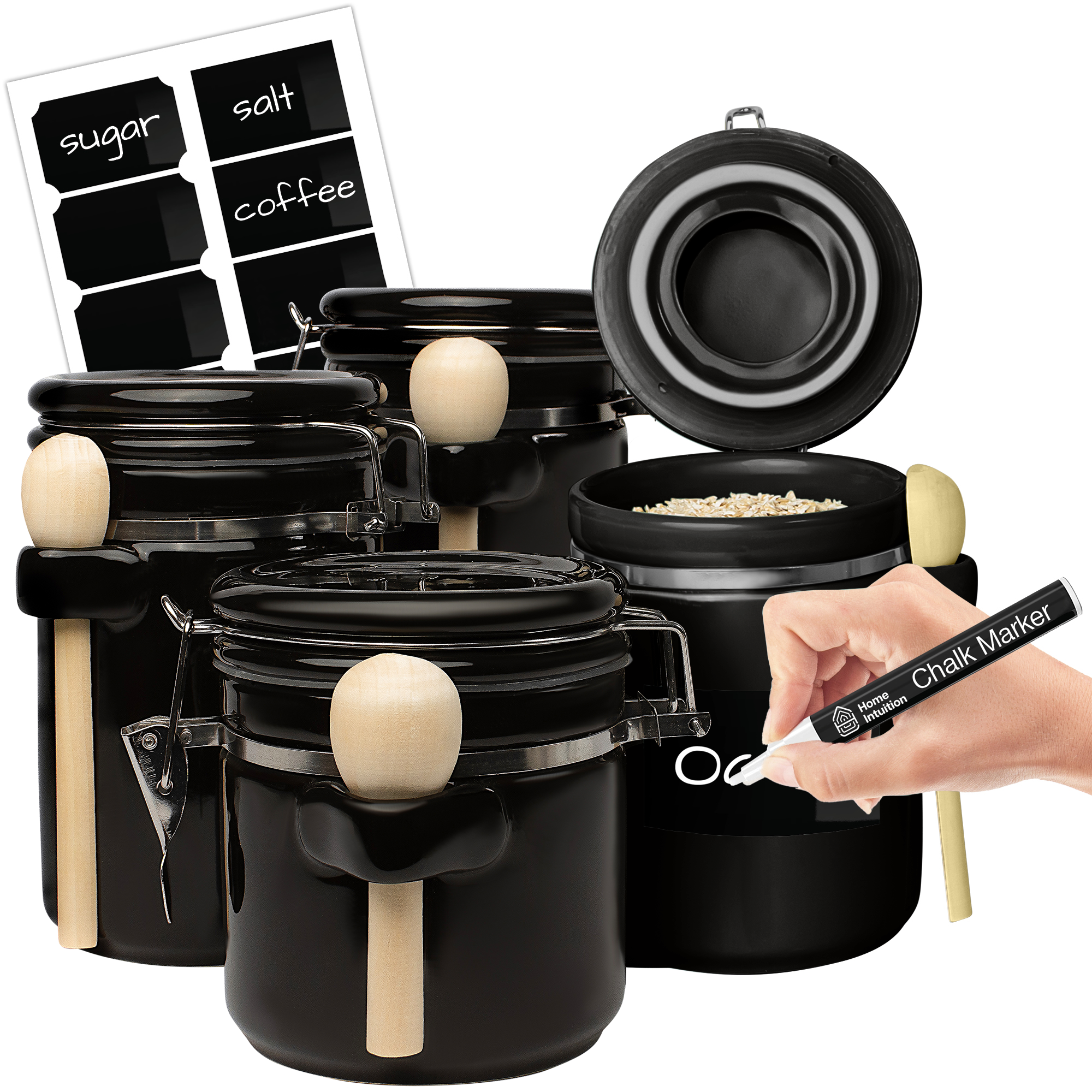 4-Piece Airtight Ceramic Kitchen Canisters Set with Wooden Spoons, Chalk Marker and Labels