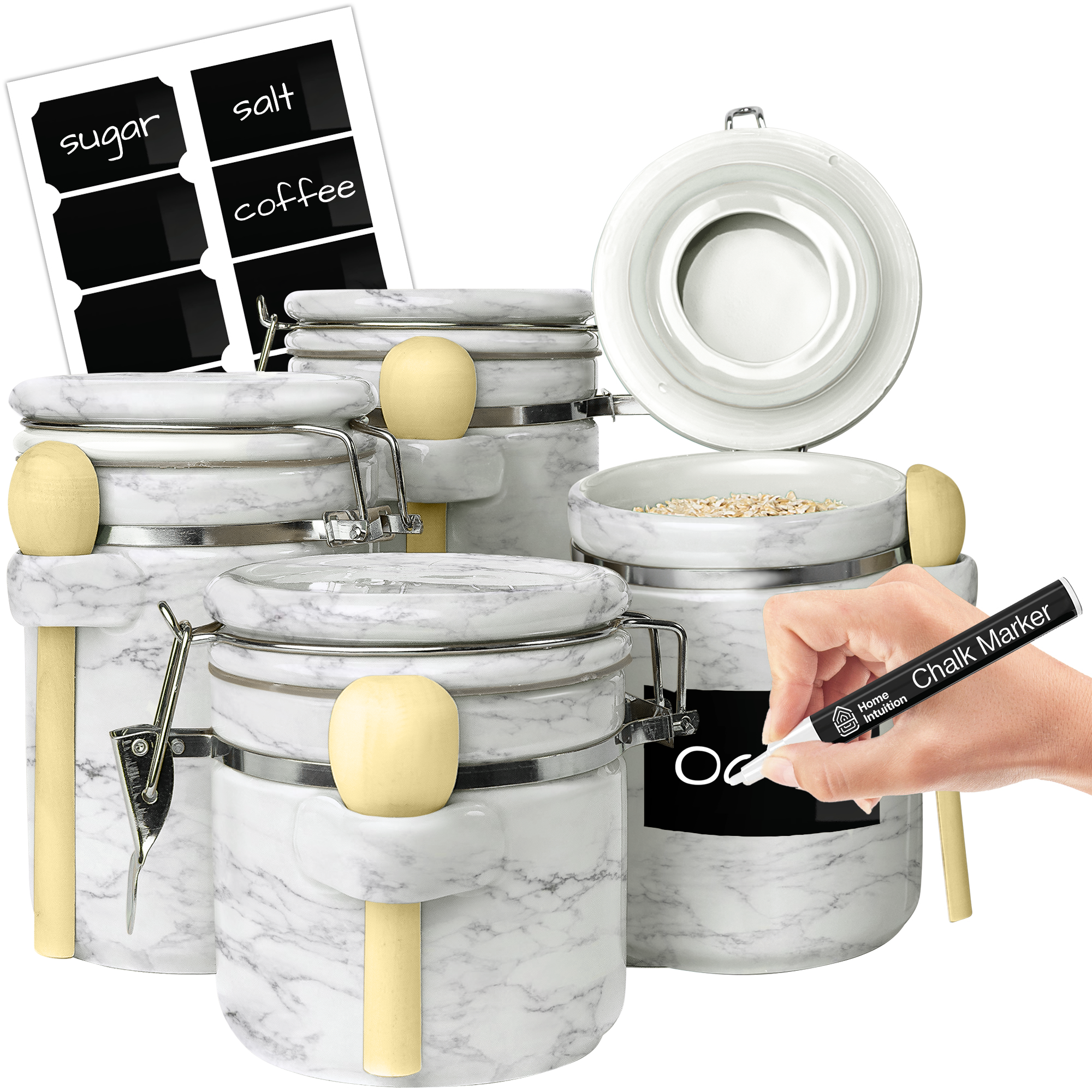 4-Piece Airtight Ceramic Kitchen Canisters Set with Wooden Spoons, Chalk Marker and Labels