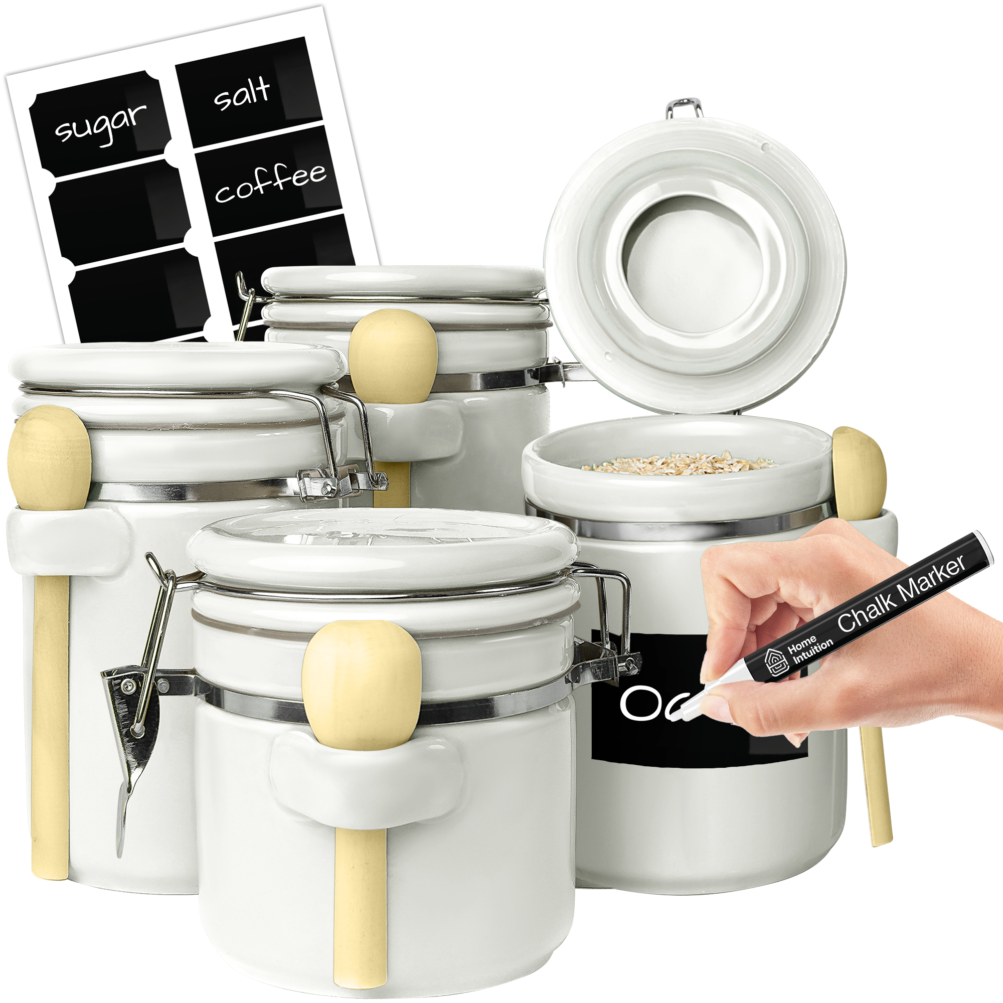 4-Piece Airtight Ceramic Kitchen Canisters Set with Wooden Spoons, Chalk Marker and Labels