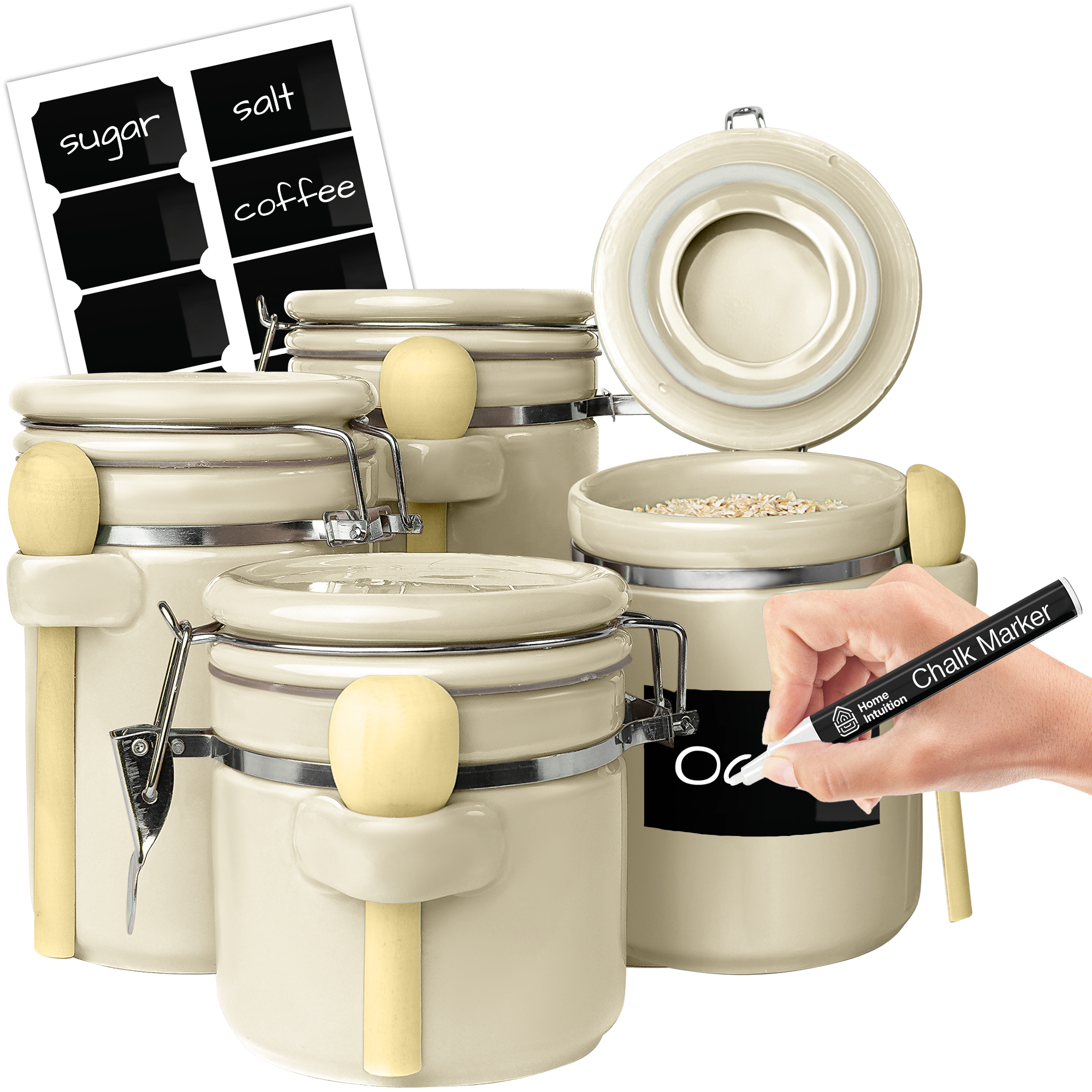 4-Piece Airtight Ceramic Kitchen Canisters Set with Wooden Spoons, Chalk Marker and Labels