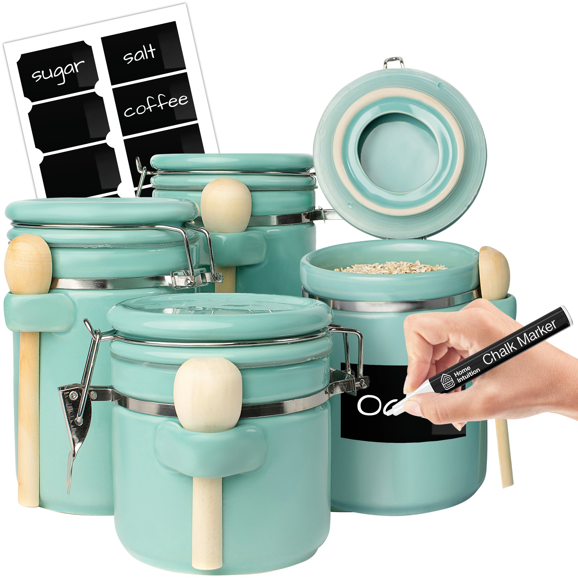 4-Piece Airtight Ceramic Kitchen Canisters Set with Wooden Spoons, Chalk Marker and Labels