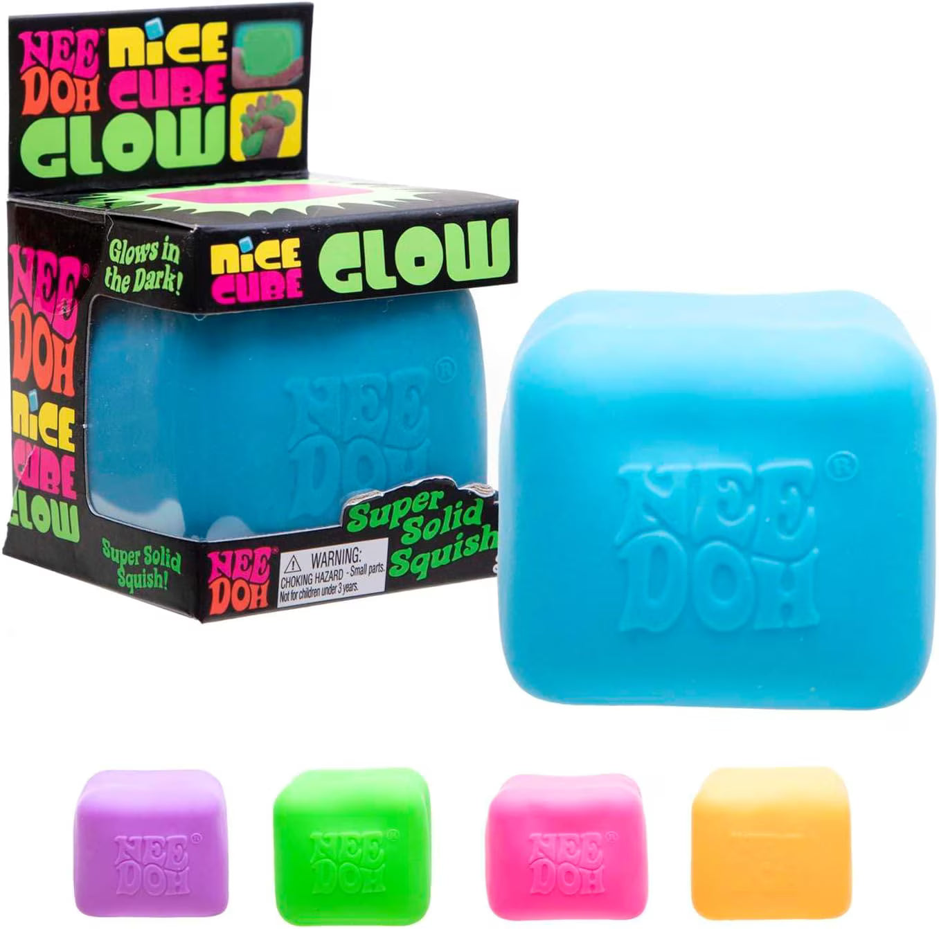 Schylling NeeDoh Nice Cube Glow - Sensory Toy with a Super Solid Squish - Glows in The Dark and Always Returns to its Square Shape - Ages 3 and Up Colors Vary