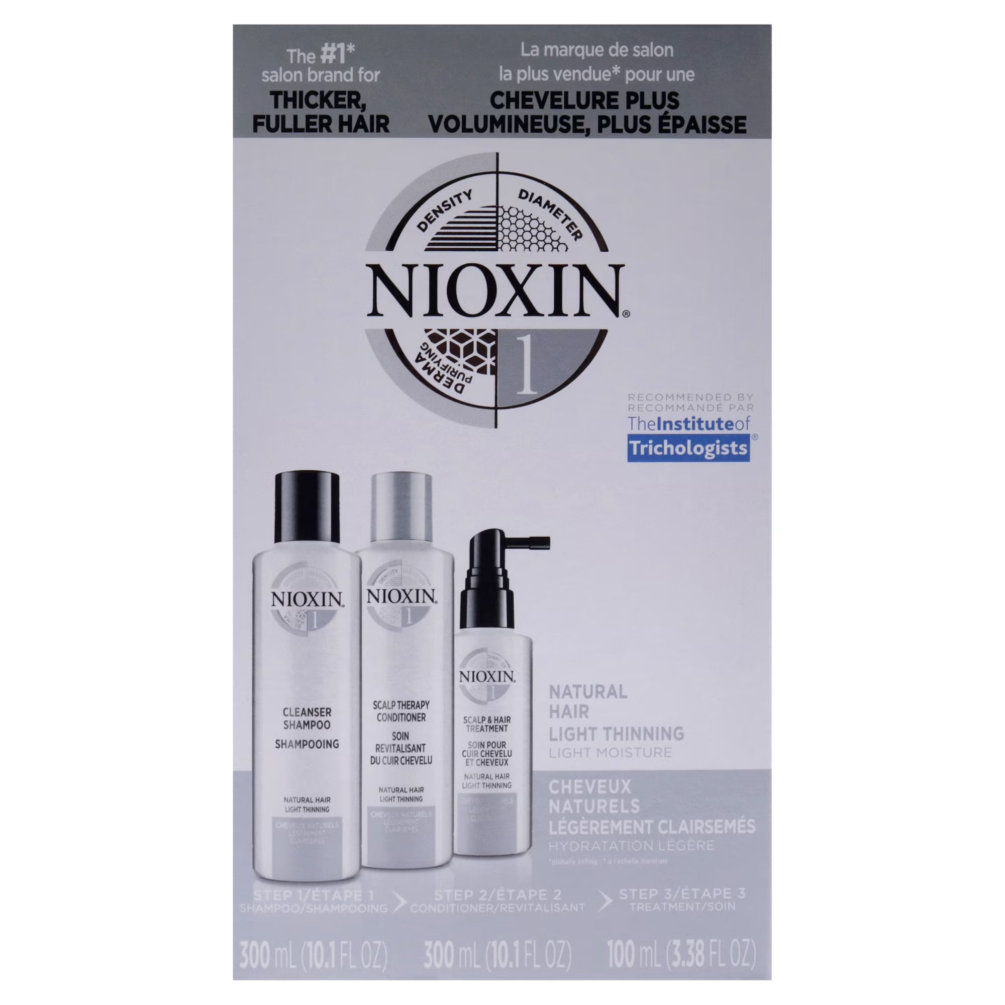 Nioxin System 1 Natural Hair Light Thinning Kit by Nioxin for Unisex - 3 Pc 10.1oz Cleanser Shampoo, 10.1 oz Scalp Therapy Conditioner, 3.38oz Scalp and Hair Treatment