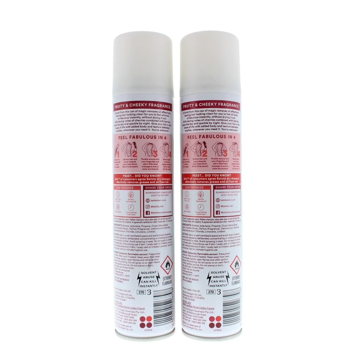 Batiste Dry Shampoo Cherry 200ml 2 Pack Instant Hair Refresh Oil Control