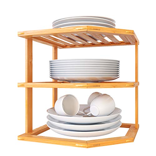 Home Intuition 3-Tier Bamboo Wood Corner Rack for Plates, Mugs Kitchen Pantry Cabinet Storage Shelf, 10" x 10" x 9-1/2"