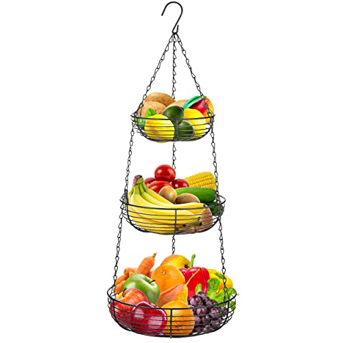 Heavy Duty 3-Tier Hanging Fruit and Vegetable Basket with 2 Metal Ceiling Hooks