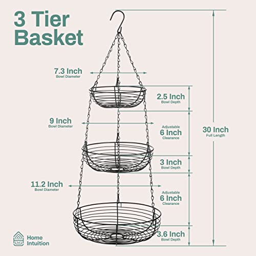 Heavy Duty 3-Tier Hanging Fruit and Vegetable Basket with 2 Metal Ceiling Hooks