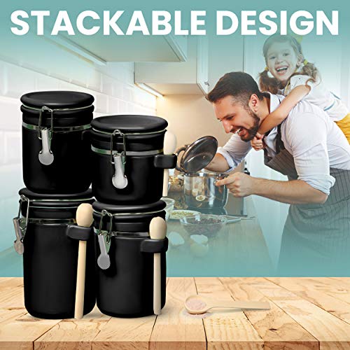 Home Intuition 4-Piece Ceramic Kitchen Canisters Set Airtight Containers with Wooden Spoons For Sugar, Coffee, Flour, Tea