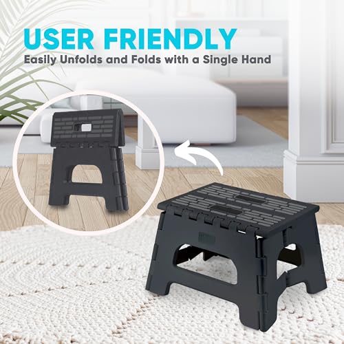 BLACK+DECKER 9'' Folding Step Stool, Foldable Collapsible Step Stools for Adults Holds Up to 330 lbs, Compact Non-Slip Surface with Carry Handle for Kitchen, Bedroom, Garden, Bathroom