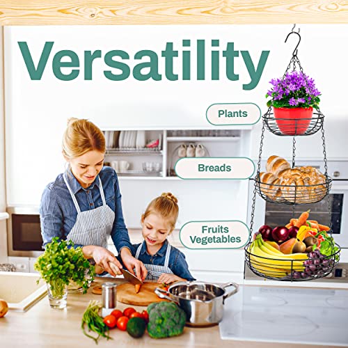 Heavy Duty 3-Tier Hanging Fruit and Vegetable Basket with 2 Metal Ceiling Hooks