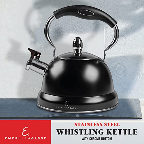 Emeril Lagasse Whistling Tea Kettle, Stainless Steel Whistling Tea Pot for Induction Stove Top, Fast to Boil Water for Home Kitchen Condo, with Ergonomic Cool Grip Handle, Black