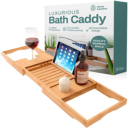Luxury Expandable Bamboo Bathtub Tray, Wine Glass, iPhone, iPad, Book Holder